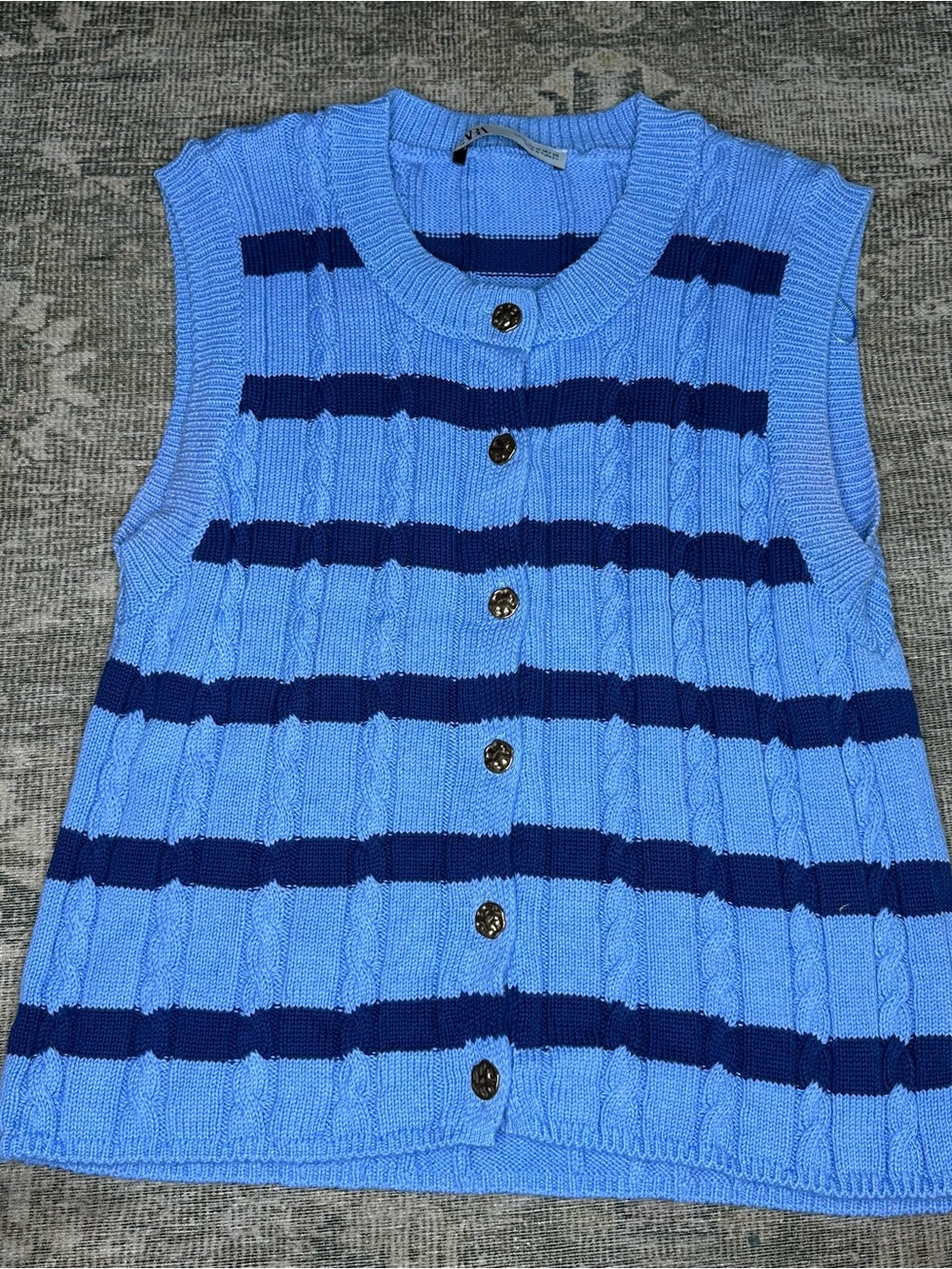 Zara Sleeveless Striped Button Up Sweater Blue and Navy Women’s Size Medium